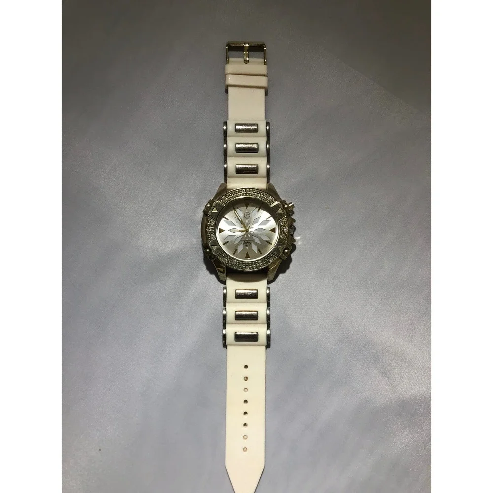 Techno Pave Gold Tone Crystal Bezel White Silicone Strap Watch 8128-7L